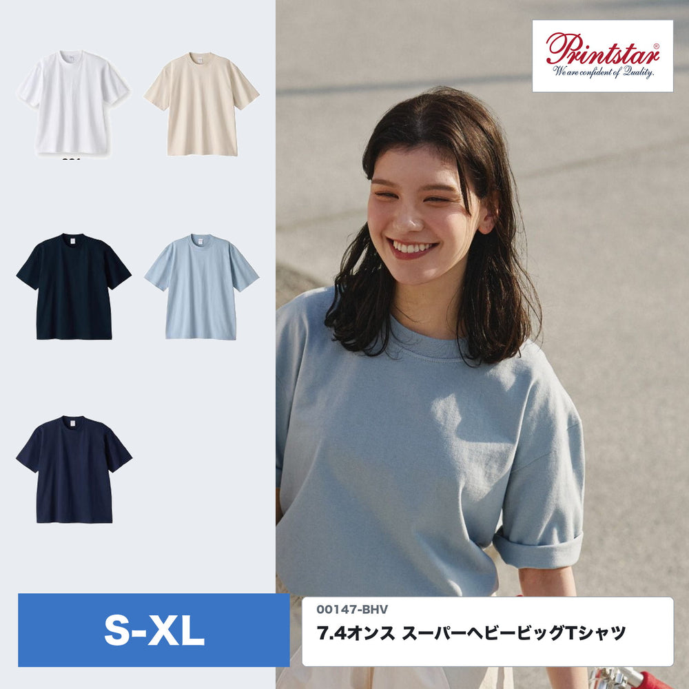 00147-BHV 7.4オンス スーパーヘビービッグTシャツの商品概要。アシッドブルーを着たモデルの着用写真と、当店取扣5色のカラーチップ、S〜XLの4サイズ展開を並べたメイン画像。