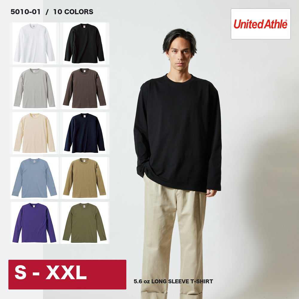 United Athle 5010-01 5.6オンス ロングスリーブTシャツ メーカー公式カラーチャートとブラックのモデル着用イメージ