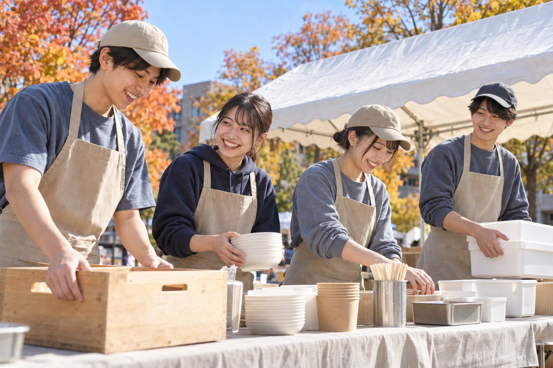 大学祭の模擬店で、おそろいの無地Tシャツとエプロンを着た学生
