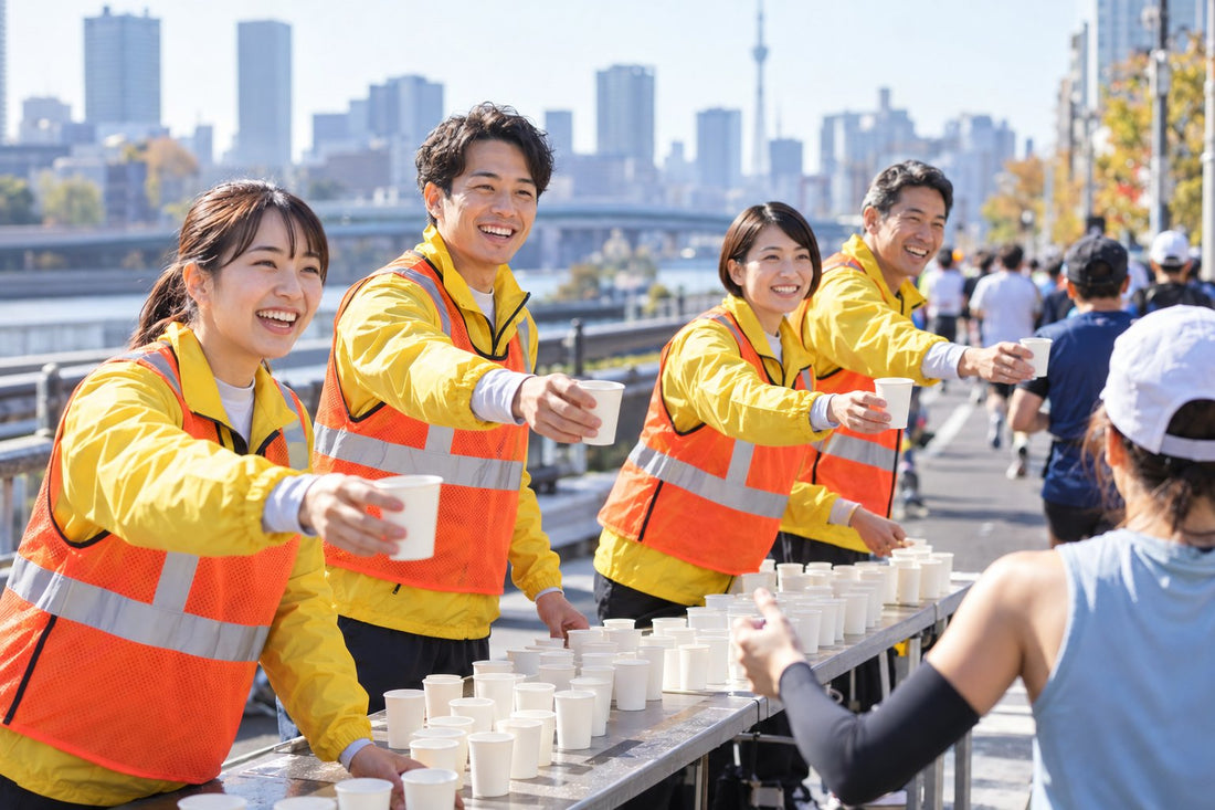 マラソン大会の給水所で、反射材つきジャケットとビブスを着たボランティア