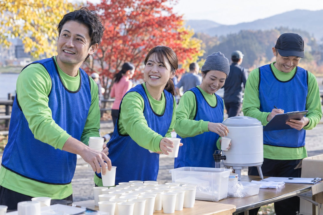 秋のマラソン大会の給水所で、おそろいの無地長袖ドライTシャツとビブスを着た運営スタッフ