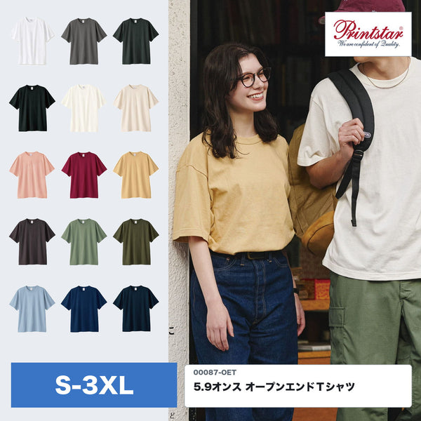 00087-OET 5.9オンス オープンエンドTシャツ 全15色・S〜3XLのカラー一覧とモデル着用イメージ
