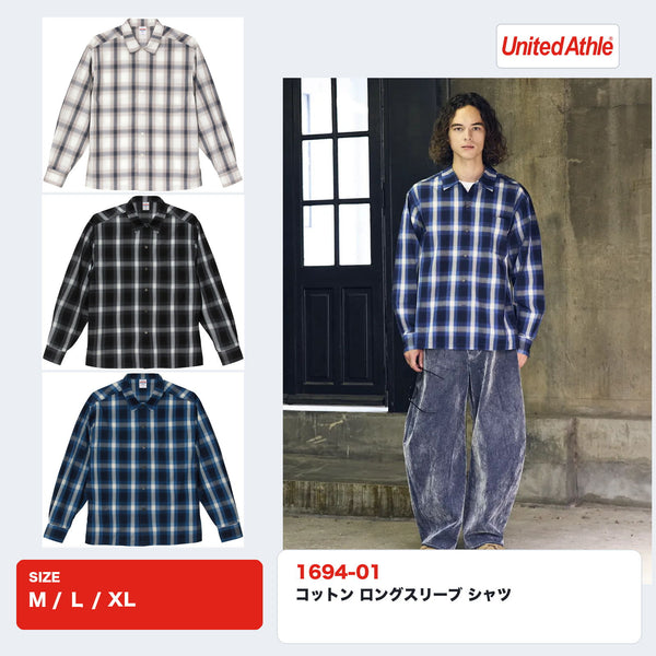 1694-01 コットン ロングスリーブ シャツ 全3色とモデル着用イメージ