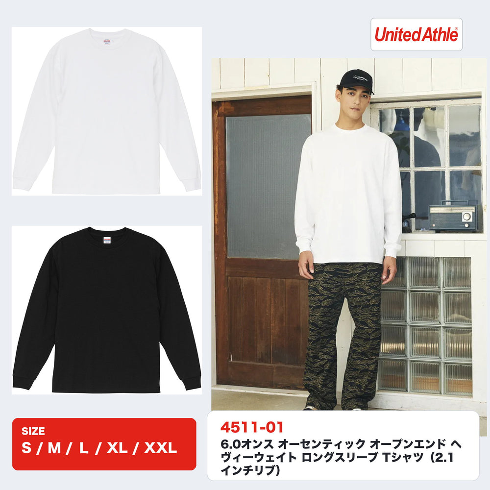 4511-01 6.0オンス オープンエンド ヘヴィーウェイト ロングスリーブTシャツ ホワイトとブラックのカラー展開とモデル着用イメージ　S・M・L・XL・XXL