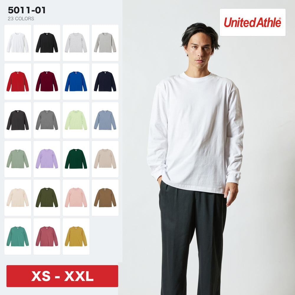 United Athle 5011-01 5.6オンス ロングスリーブTシャツ 全23色のカラー展開とホワイトのモデル着用イメージ