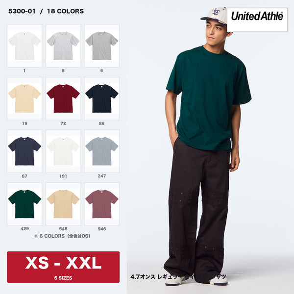 United Athle 5300-01 4.7オンス レギュラーフィットTシャツ 全18色の色見本とビリヤードグリーン着用イメージ