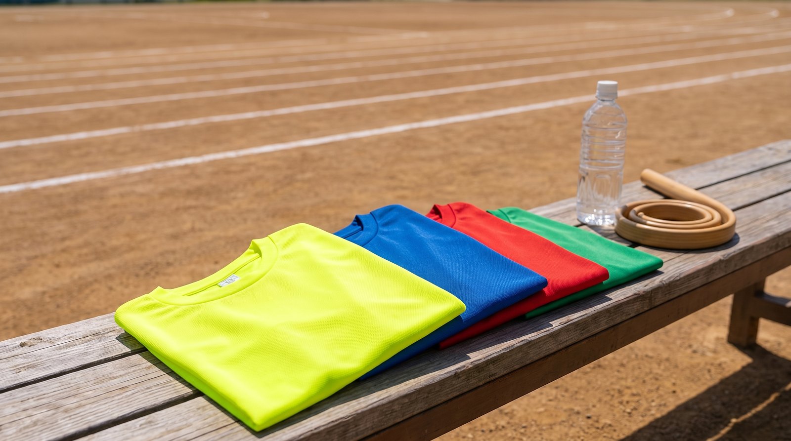 体育祭の日、トラック脇のベンチに置かれたカラフルな無地ドライTシャツ