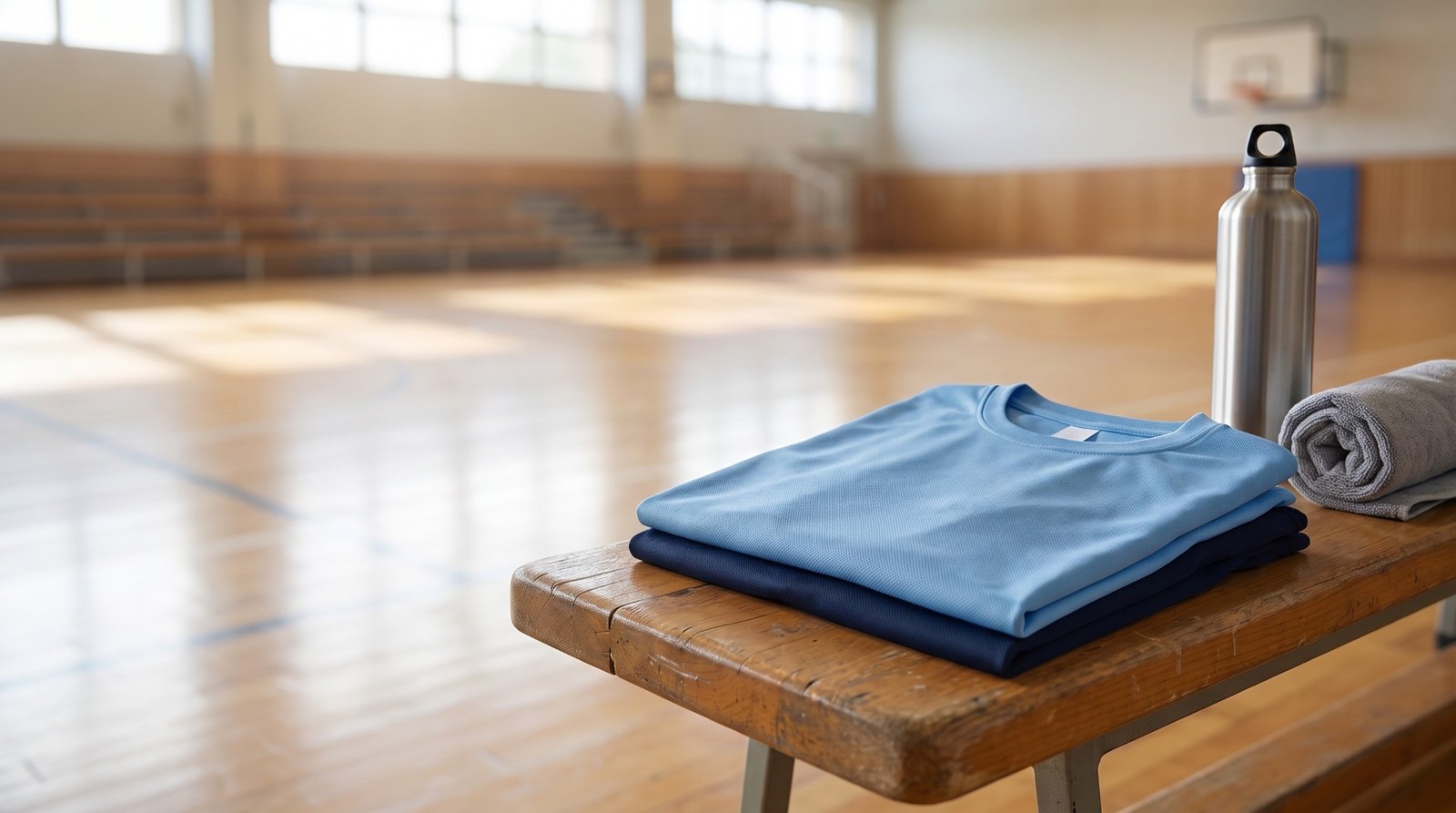 体育館のベンチにたたんで置いたライトブルーとネイビーの無地ドライTシャツ