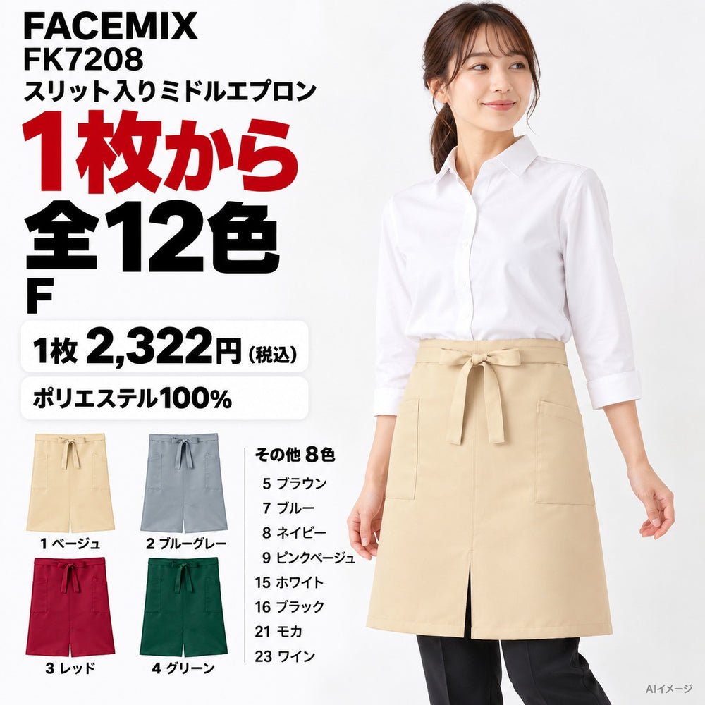 FACEMIX FK7208 スリット入りミドルエプロン 1点から 2,322円（税込） AI着用イメージ
