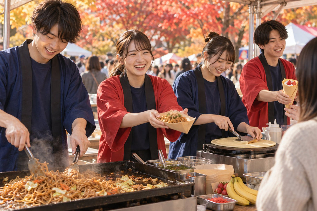 学園祭の模擬店で、おそろいの無地Tシャツとハッピを着て接客する学生スタッフ