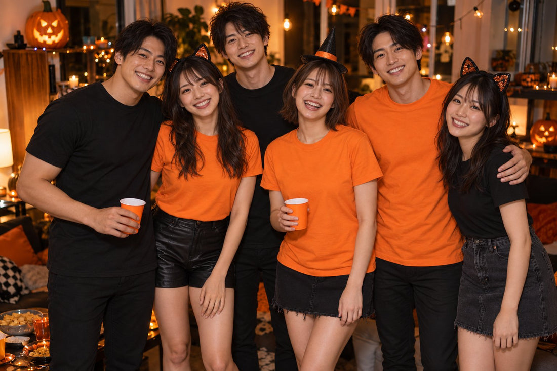 ハロウィンパーティーで、おそろいの黒とオレンジの無地Tシャツに仮装小物を合わせた仲間たち