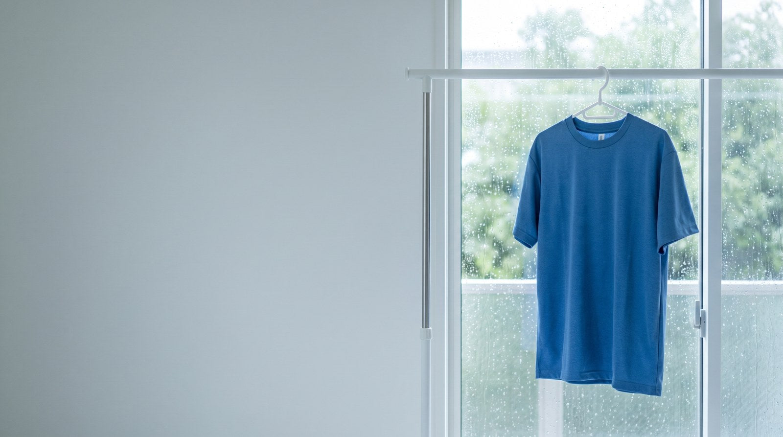 雨の日、窓辺の物干しにハンガーで干したブルーの無地Tシャツ