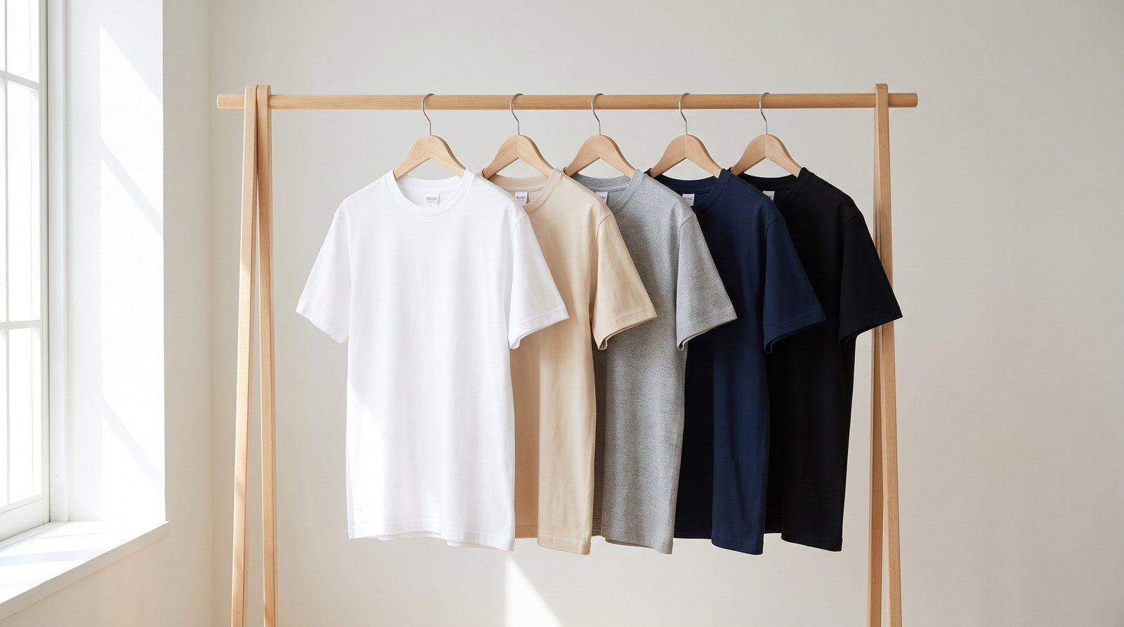 木製のハンガーラックに白・ベージュ・杢グレー・ネイビー・黒の無地Tシャツを一枚ずつ掛け、左から明るい色の順に濃淡が並んで見える明るい室内の写真