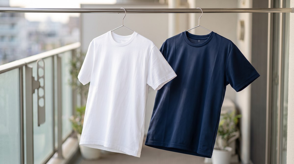 ベランダの物干し竿にハンガーで並べて干した白い綿の無地Tシャツと紺色のドライ無地Tシャツ