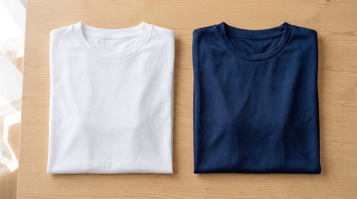 木のテーブルに並べて畳んだ白い綿の無地Tシャツと紺色のドライメッシュ無地Tシャツ