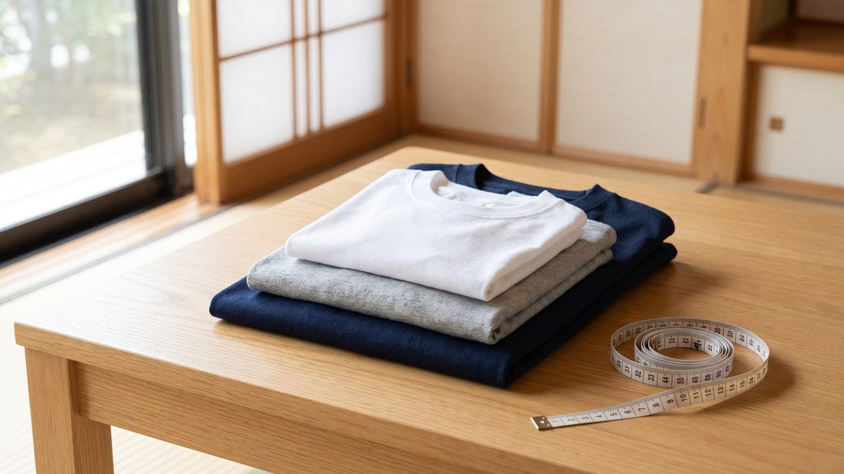 木のテーブルに大きさ順で重ねて畳んだ白・杢グレー・紺の無地Tシャツと、巻いた布製のメジャー
