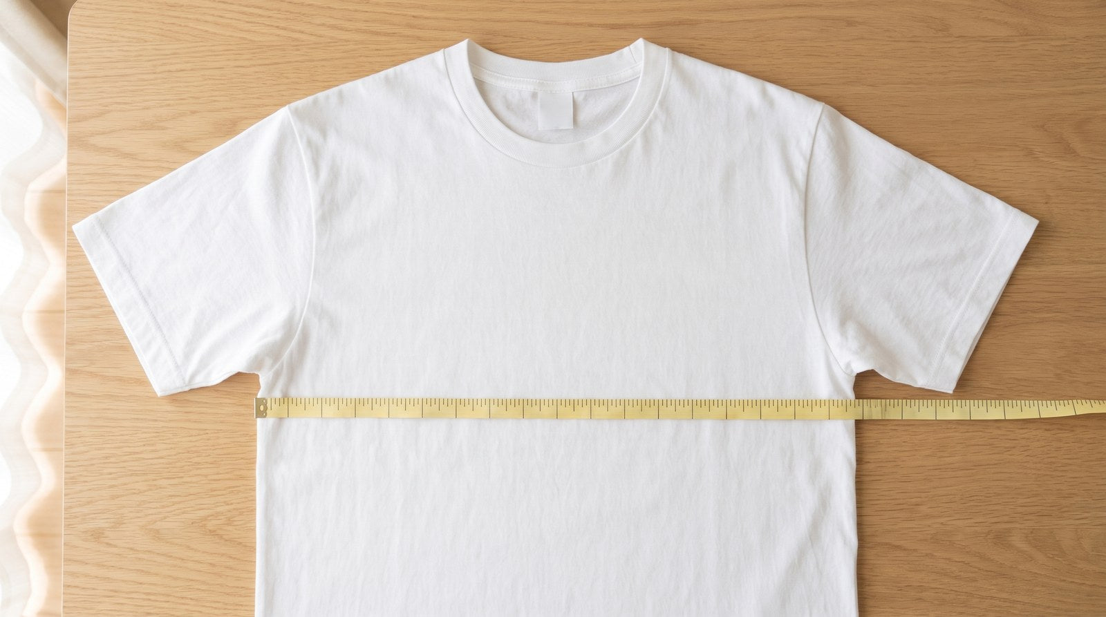 木のテーブルに平置きした白い無地Tシャツの胸元に、脇の下から脇の下までメジャーを渡して身幅を測っているところ