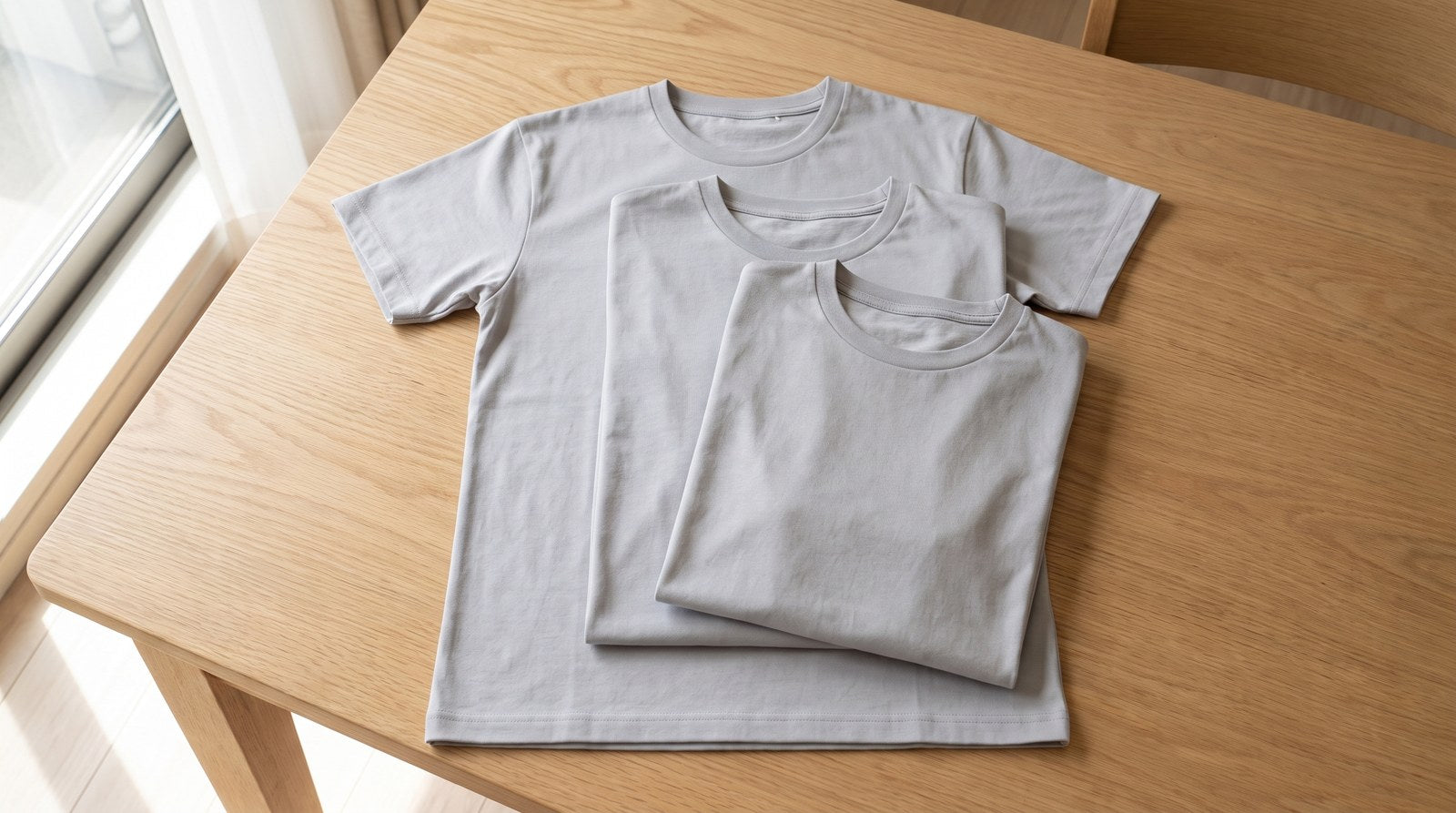木のテーブルに大きさ違いのグレーの無地Tシャツを3枚、少しずらして重ねて置き、身幅と丈の差を見比べているところ