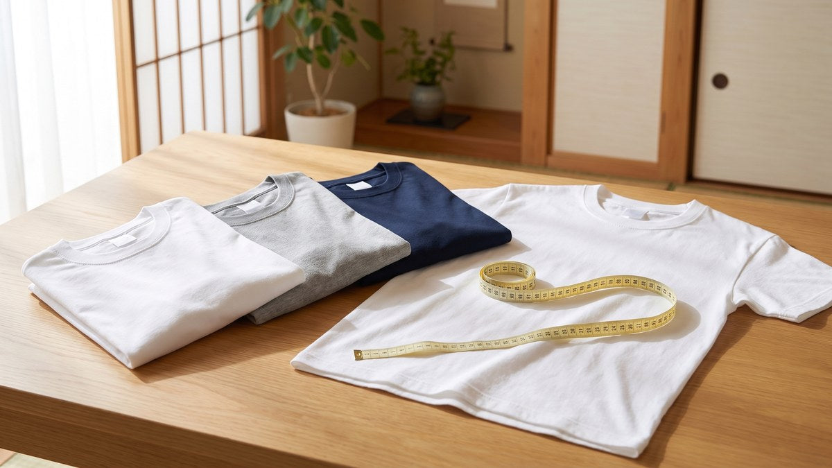 木のテーブルに畳んで並べた白・杢グレー・紺の無地Tシャツと、広げた白い無地Tシャツにメジャーを置いた平置き