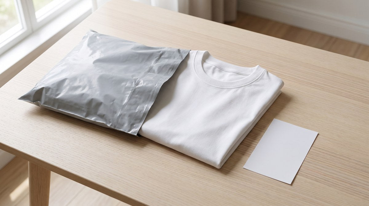 木のテーブルの上で、宅配用のグレーの封筒から白い無地Tシャツが1枚だけ取り出されて畳まれている様子