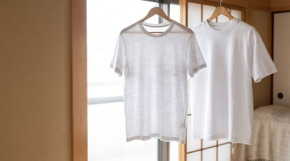 窓の光の前に並べて吊るした薄手と厚手の白い無地Tシャツ